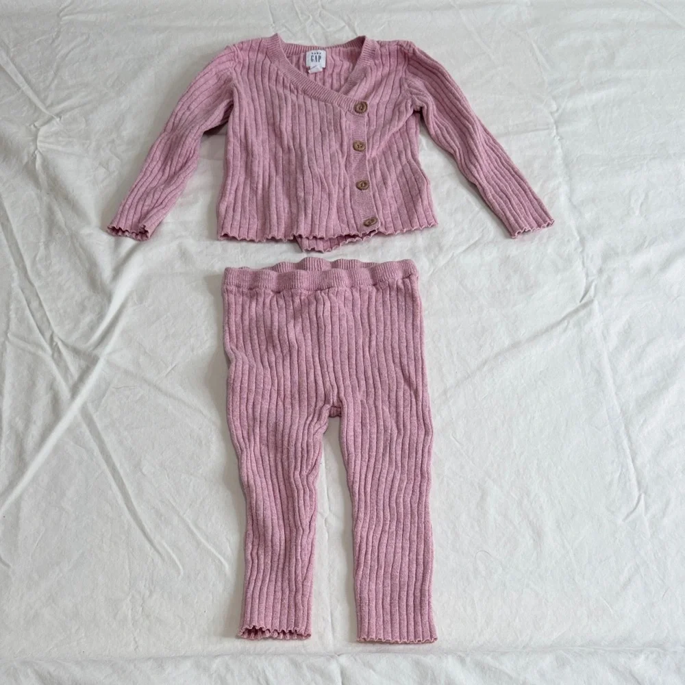 GAP Pink Teddy Coat & Knit Set with Gray Hooded Cardigan